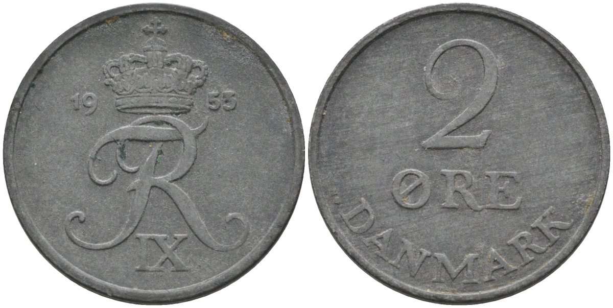 Дания 2 эре 1953 Фредерик IX (1947-1972) KM 840 цинк 4591-944