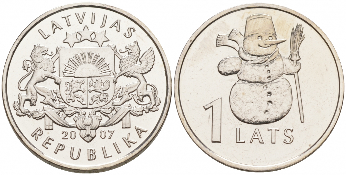 Латвия 1 лат 2007 снеговик KM 85 медно-никель UNC M14-12
