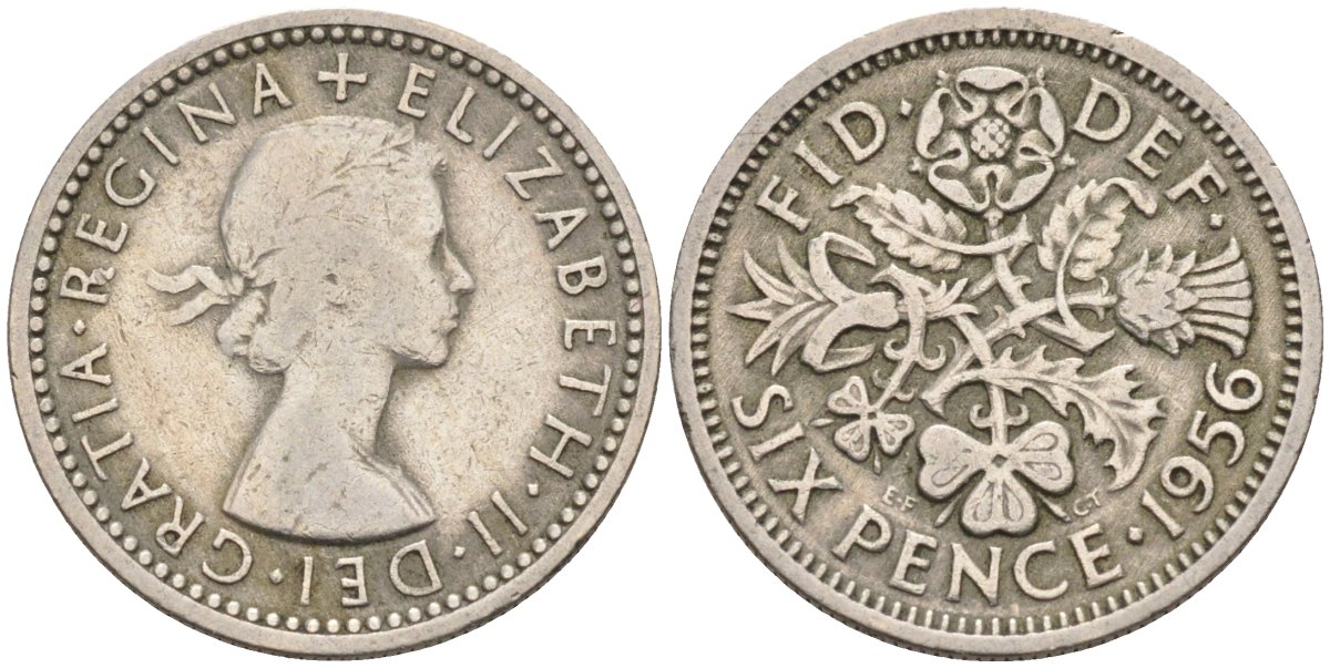 Великобритания 6 пенсов 1956 Елизавета II (1952-2022) KM 903, Spink 4149 медно-никель 4114-723