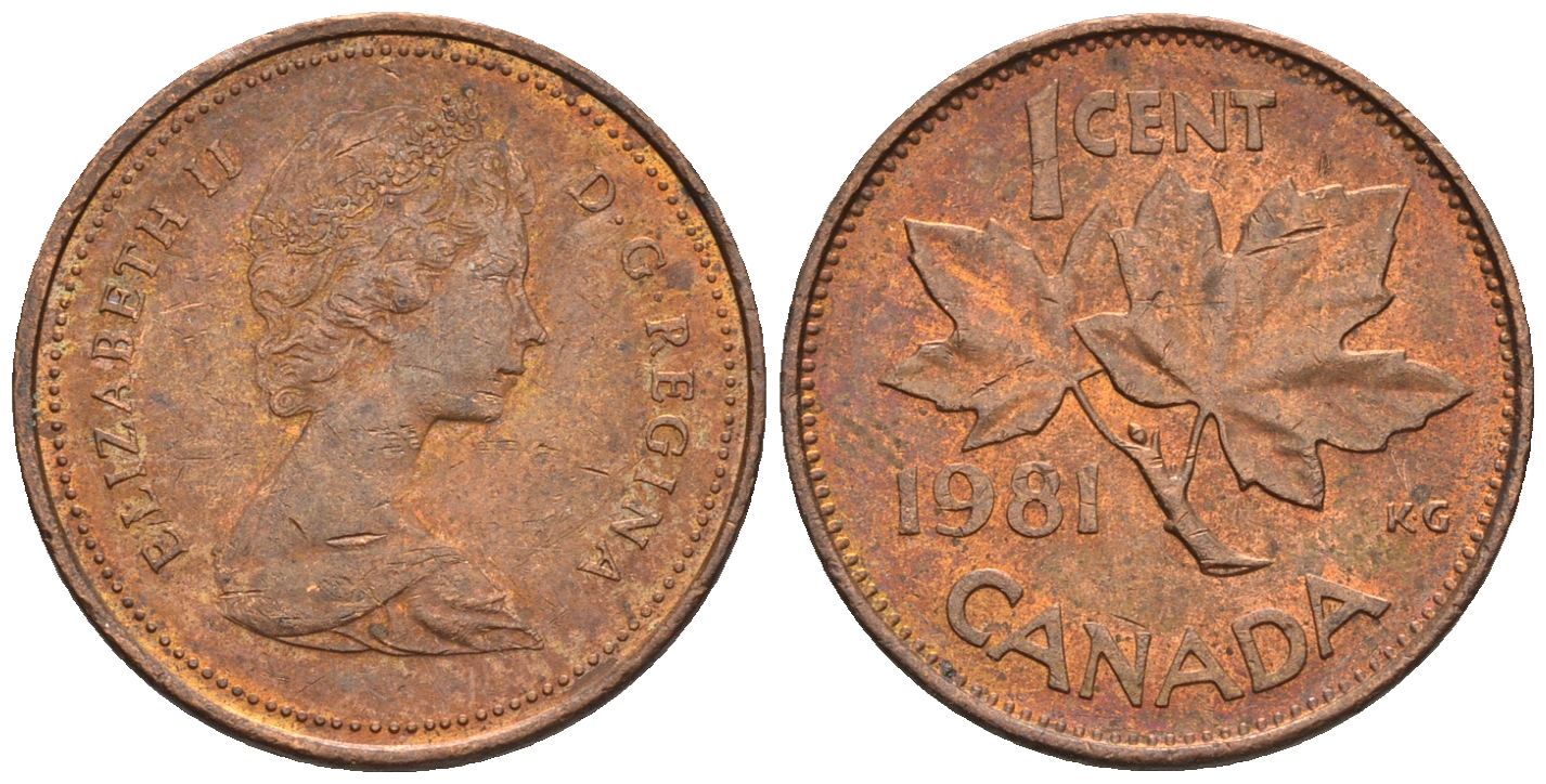 Канада 1 цент 1981 Елизавета II (1952-2022), кленовый лист KM 127 бронза 4609-156