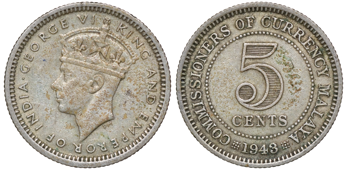 Британская Малайя 5 центов 1943 Георг VI (1937-1952) KM 3a серебро 53-127
