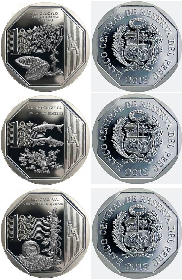 Перу лот из 3 монет по 1 соль 2013 серия природные ресурсы Перу, анчоус, какао, киона KM 374, 375, 376 медь никель цинк  UNC  M69-13