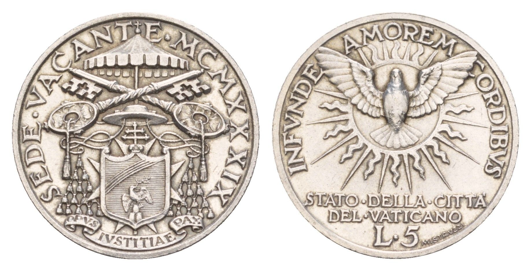 Ватикан 5 лир 1939 Вакантный престол KM 20 серебро UNC 1520-814