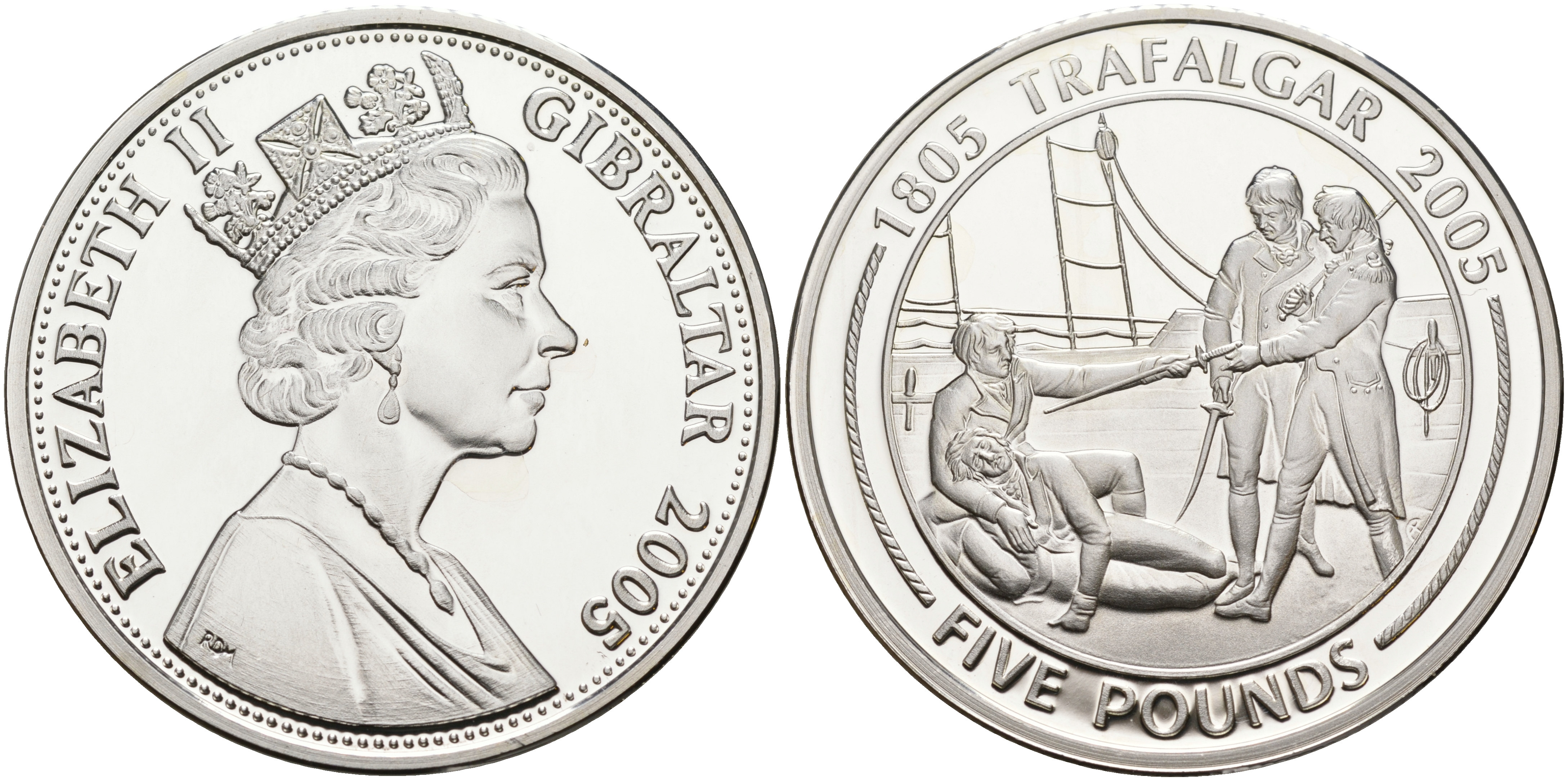 Гибралтар 5 фунтов 2005 Трафальгарское сражение, раненный сдается серебро PROOF 1095-1-52
