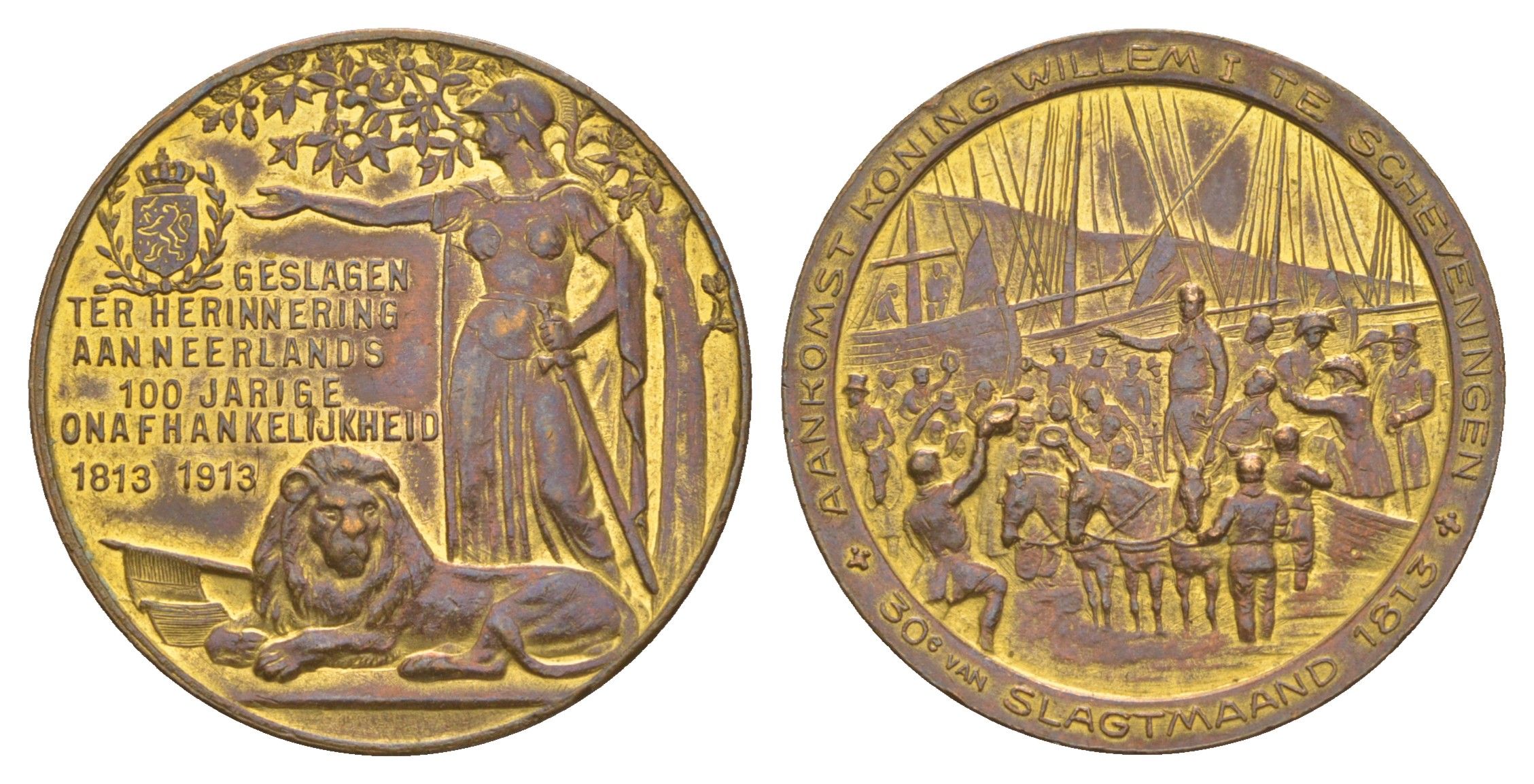 Нидерланды медаль "100-летия независимости Нидерландов 1813–1913" 1913 Прибытие короля Виллема I в Схевенинген, диаметр 29 мм, вес 9 гр бронза 4127-115