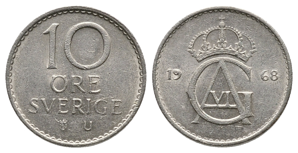 Швеция 10 эре 1968 U Густав VI Адольф (1950-1973) KM 835 медно-никель 75-465