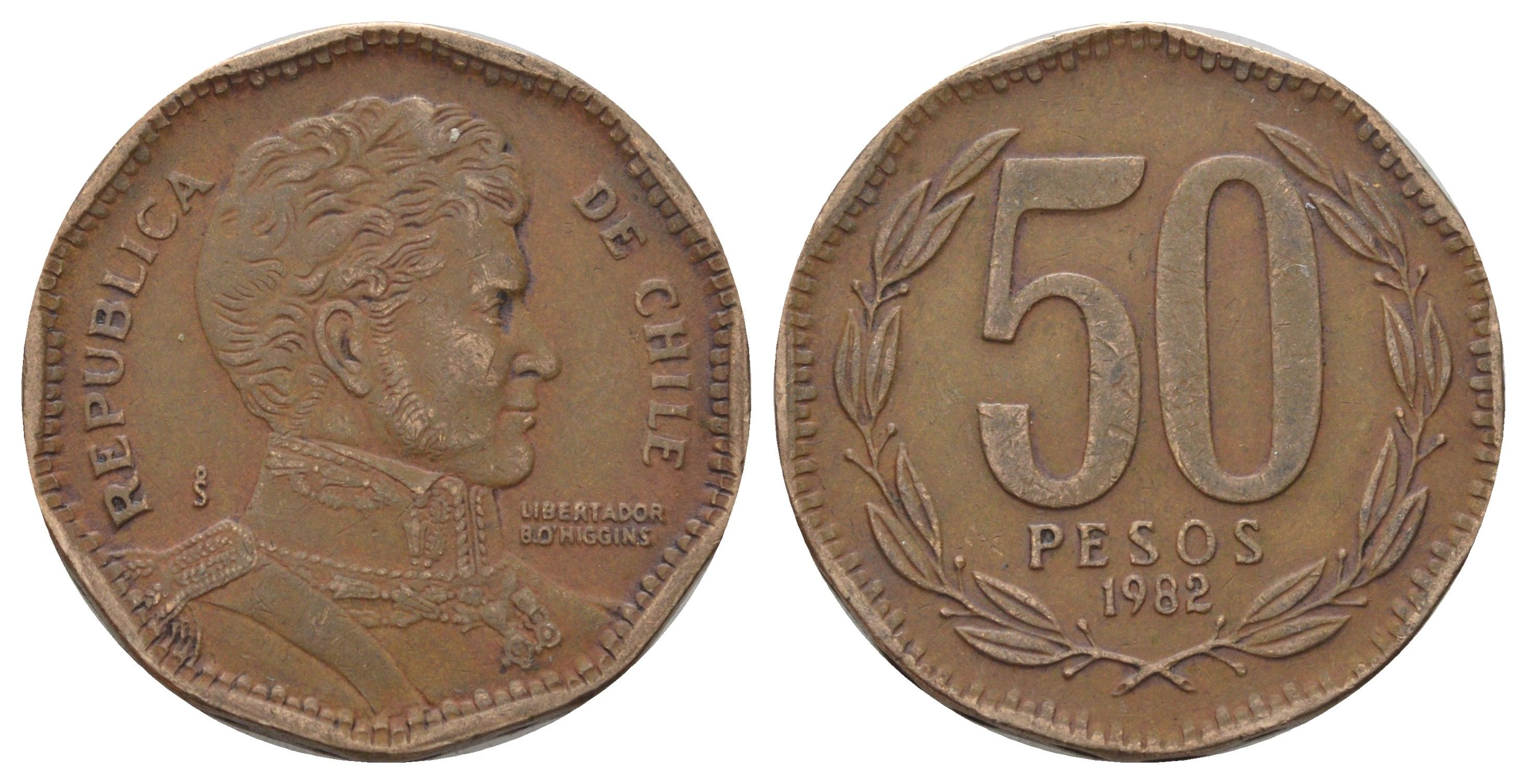 Чили 50 песо 1982 KM 219 алюминиевая бронза 4688-352