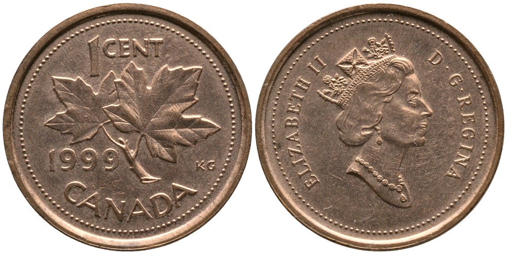 КАНАДА 1 ЦЕНТ 1999 ЕЛИЗАВЕТА II (1952-), КЛЕНОВЫЙ ЛИСТ, ТРЕТИЙ ПОРТРЕТ В КОРОНЕ KM 289 сталь плакированная медью 4532-732
