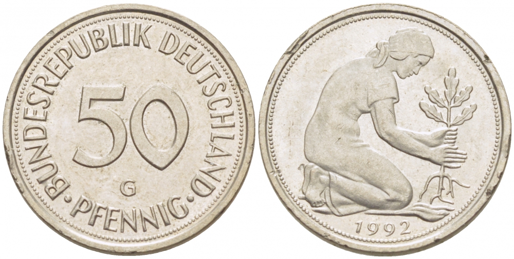 ФРГ 50 ПФЕННИГОВ 1992 G KM 109.2 медно-никель 39-222