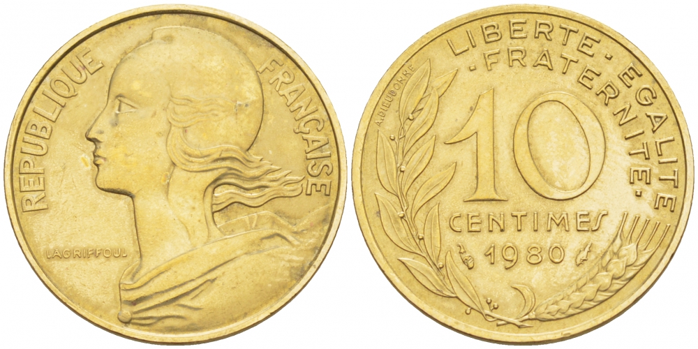 ФРАНЦИЯ 10 САНТИМОВ 1980 ТИП MARIANNE КМ 929, LE FRANC 144.20 алюминиевая бронза 110-124