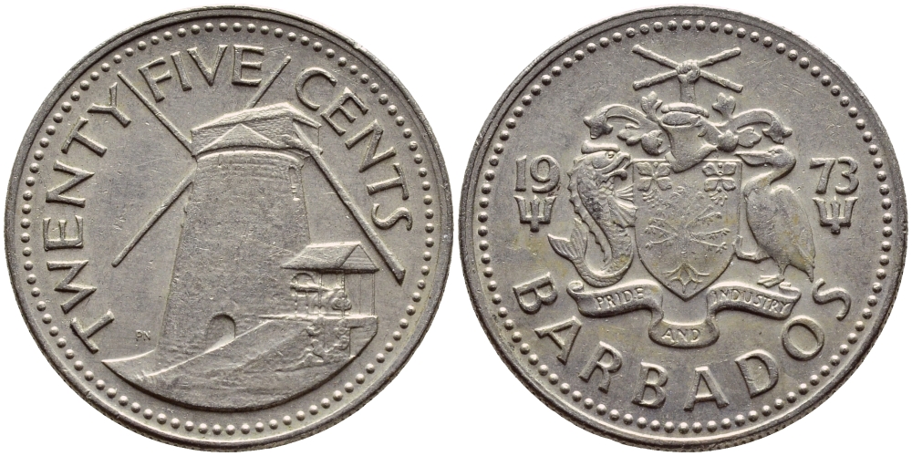 Барбадос 25 центов 1973 ветряная мельница Моргана Льюиса KM 13 медно-никель 4398-325