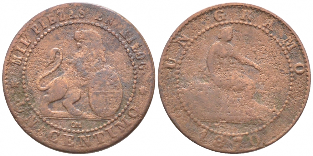 ИСПАНИЯ 1 СЕНТИМО 1870 ОМ, ЛЕВ СО ЩИТОМ KM 660 медь 112-459