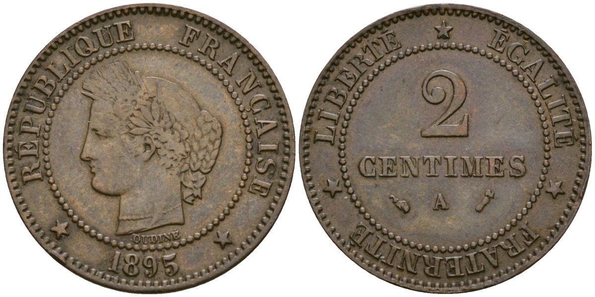 Франция 2 сантима 1895 A, Третья республика (1871-1940) KM 815.1, Le Franc 135.34 бронза 4124-148