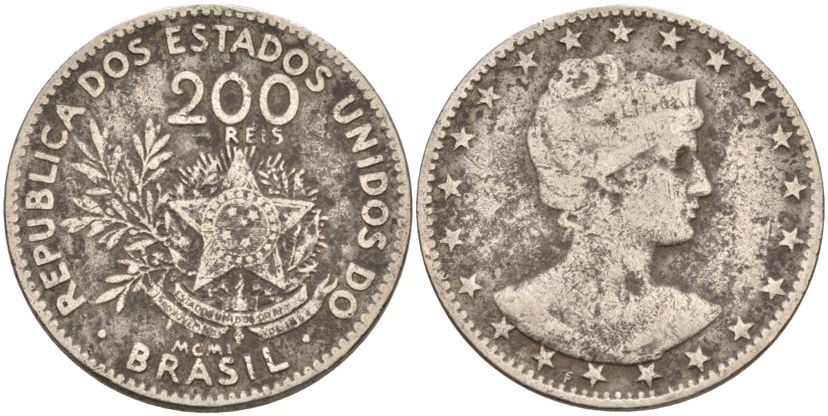 Бразилия 200 рейс 1901 голова свободы вправо KM 504 медно-никель 4589-1032