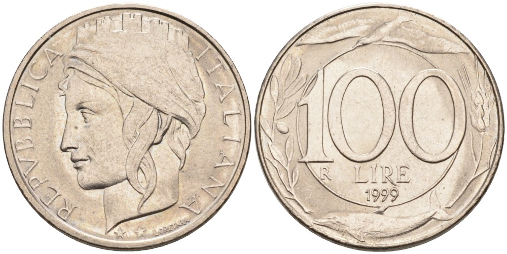 Италия 100 лир 1993 R, дельфин KM 159 медно-никель 86-1136