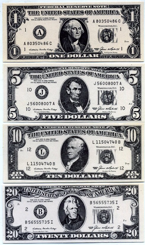 АМЕРИКА НАБОР ИЗ 4 БАНКНОТ ND (1, 5, 10, 20 ДОЛЛАРОВ) ОДНОСТОРОННИЙ ПРИНТ 107Х45 бумага UNC (ПРЕСС) 7146-60-2-2