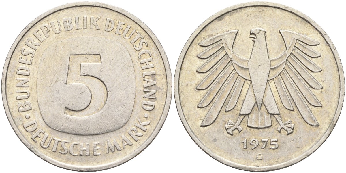 ФРГ 5 марок 1975 G, монетный двор Карлсруэ КМ 140.1, J. 415 медно-никель плакированный никелем 4139-116