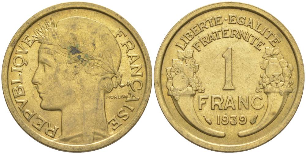 Франция 1 франк 1939 тип Морлон KM 885, LE FRANC 219.10 алюминиевая бронза 3853-154