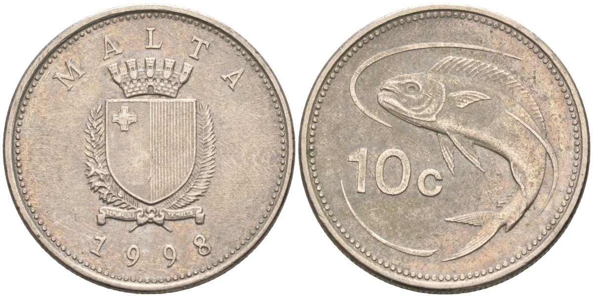 Мальта 10 центов 1998 золотая макрель KM 96 медно-никель 4588-251