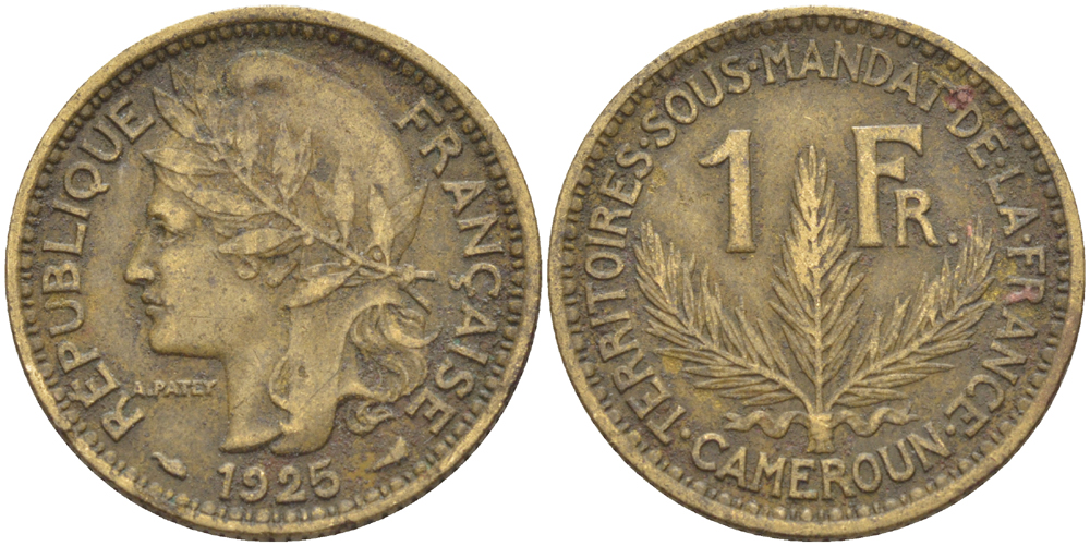 Французский Камерун 1 франк 1925 (а), монетный двор Париж KM 2 алюминиевая бронза 51-413