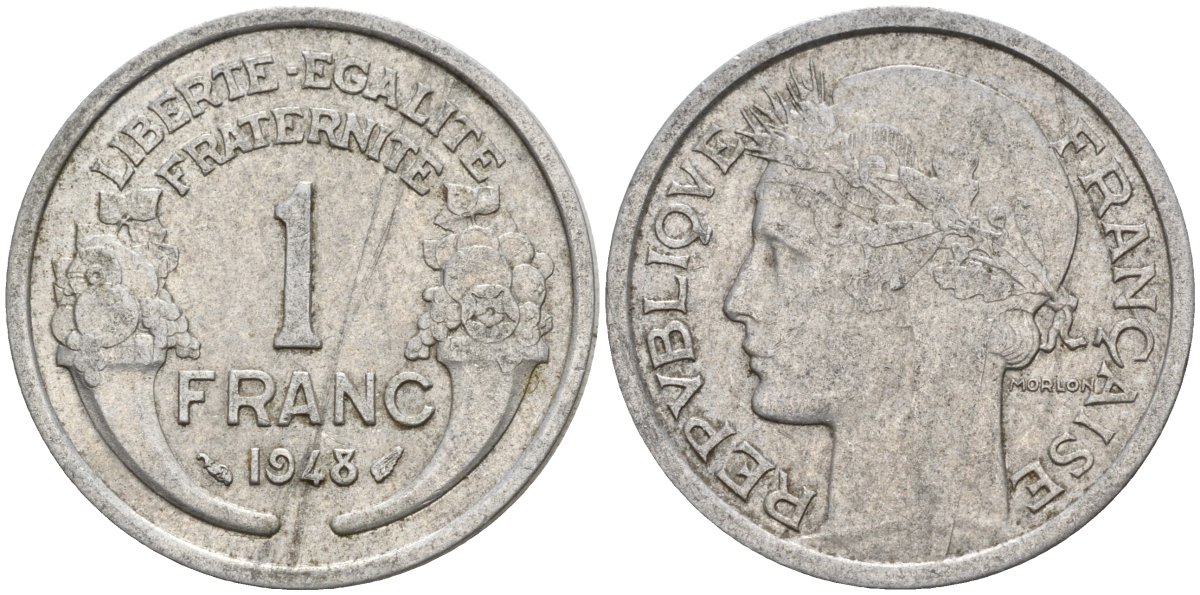 Франция 1 франк 1948 KM 885a.1 алюминий 4142-955