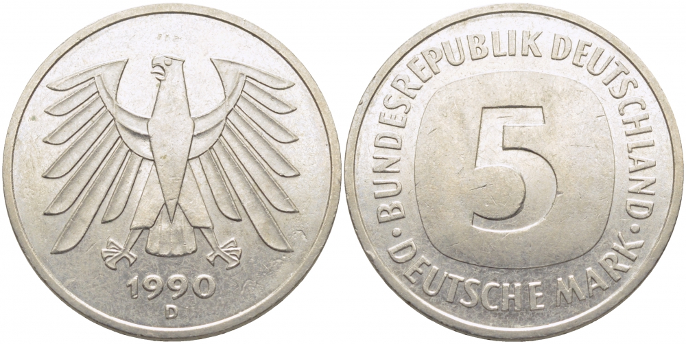 ФРГ 5 МАРОК 1990 D, J. 415, KM 140.1 медно-никель плакированный никелем 109-845