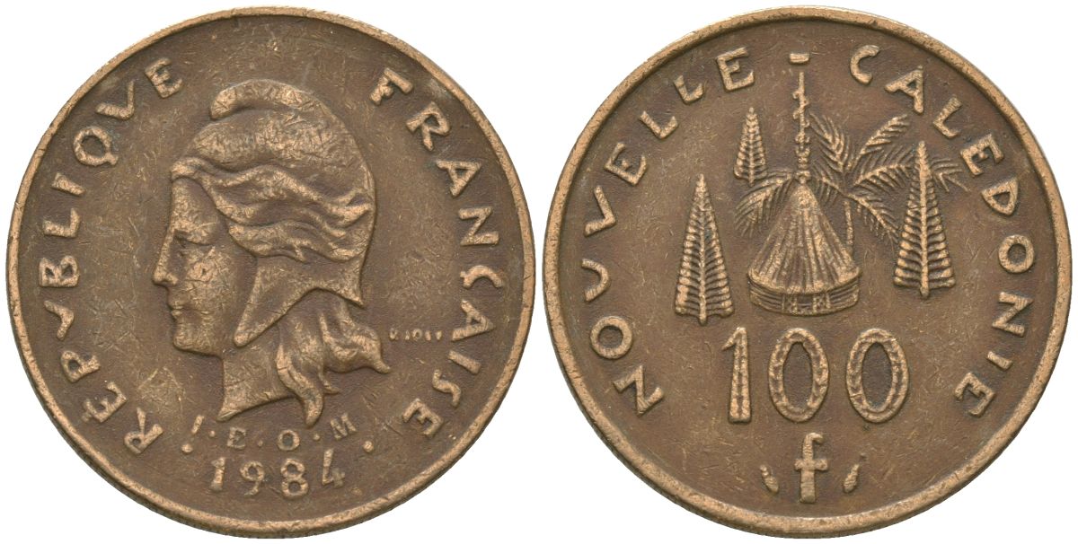 Французская Новая Каледония 100 франков 1984 хижина среди сосен и пальм, (IEOM) KM 15, Schoen 16, Lec 134 никель бронза 88-424