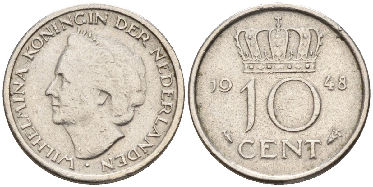 Нидерланды  10 центов 1948 королева Вильгельмина (1890 - 1948) KM 177 никель 4174-265