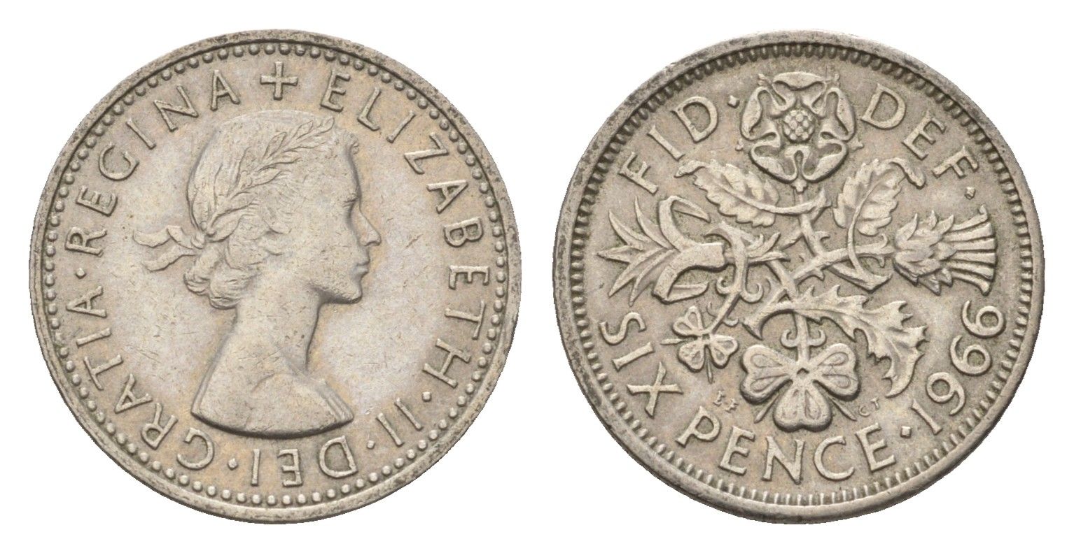 Великобритания 6 пенсов 1966 Елизавета II (1952-2022) KM 903, Spink 4149 медно-никель 4708-347