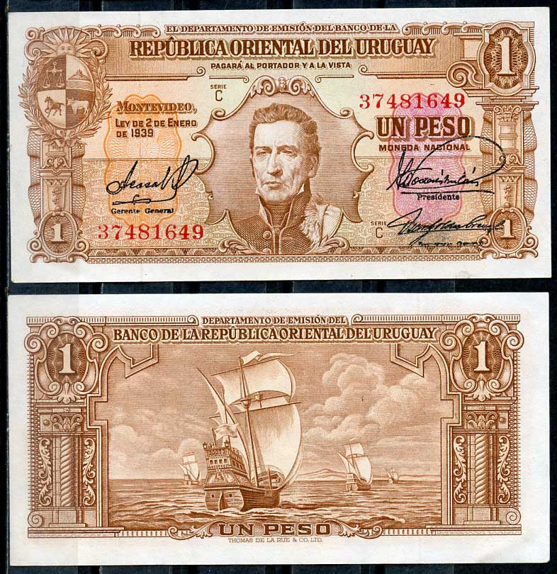 Уругвай 1 песо 1939 Хосе Хервасио Артигас, парусник, серия С Pick 35 b (4)  бумага  7217-58-3-2