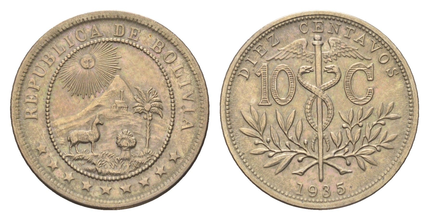 Боливия 10 сентаво 1935 KM 179 медно-никель UNC 4659-1251
