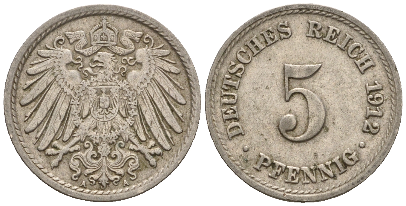 Германия 5 пфеннигов 1912 A, KM 11, J. 12 медно-никель 220-638