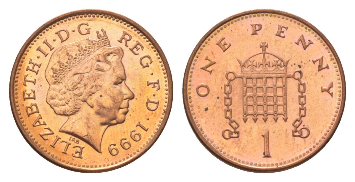 Великобритания 1 пенни 1999 Елизавета II (1952-2022) KM 986, Spink 4710 (B5) сталь плакированная медью UNC 4627-648