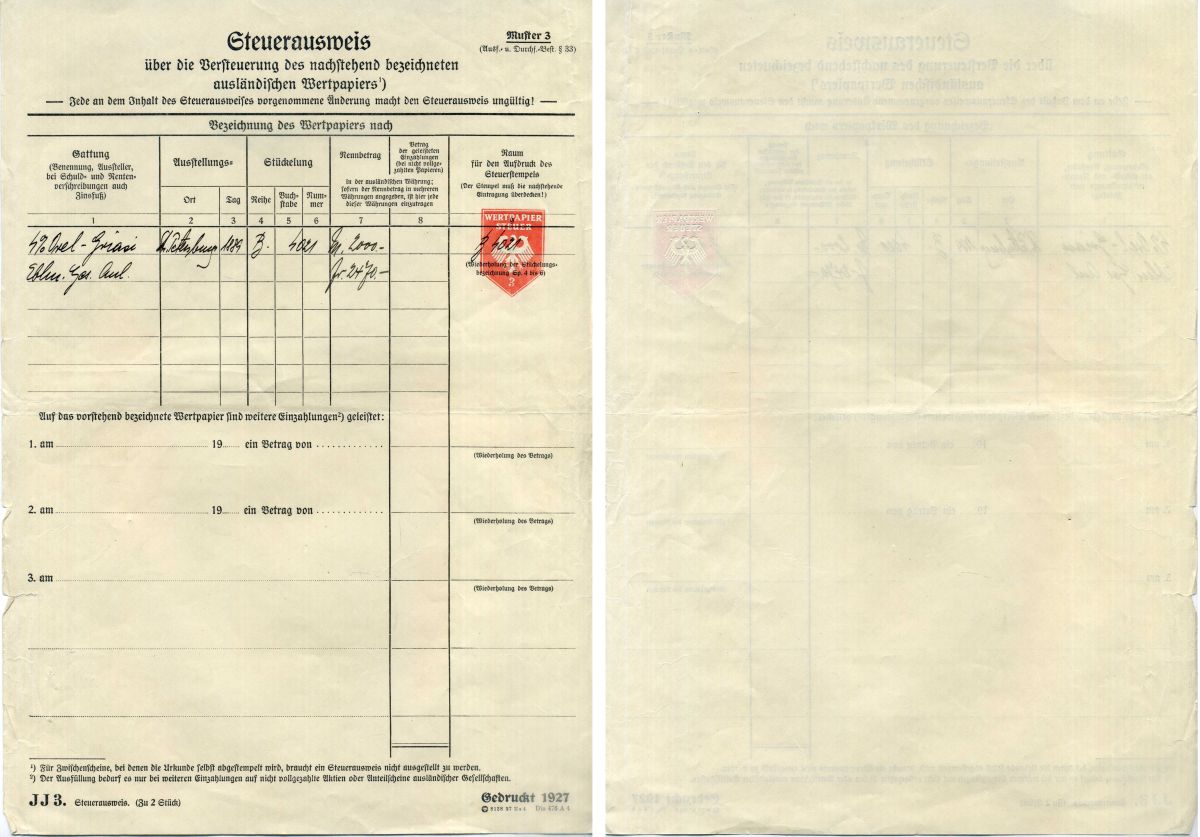 Германия документ об уплате налогов за получение дивидеднов по акциям 1927 бумага 8805-09-1