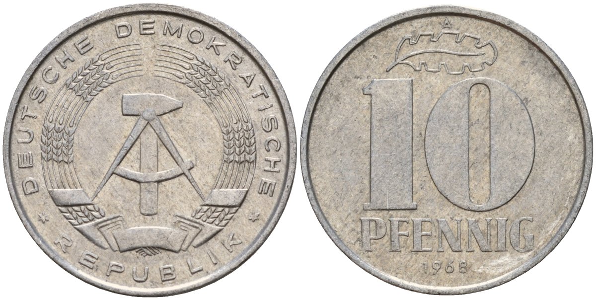 ГДР 10 пфеннигов 1968 A KM 10 алюминий 31-956