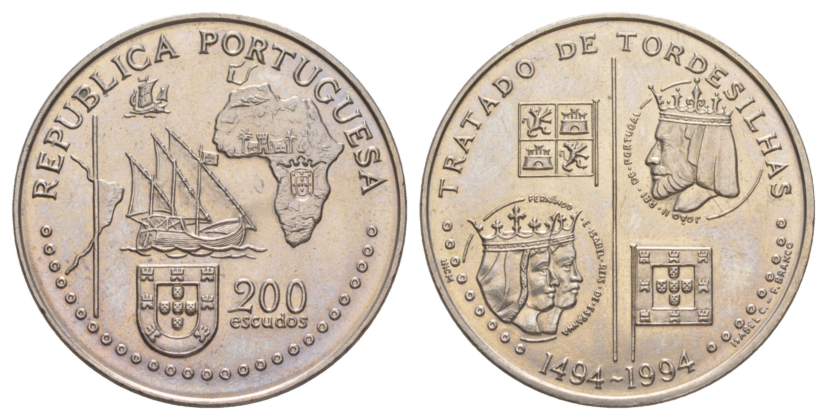 Португалия 200 эскудо 1994 500 лет с момента заключения Тордесильясского договора KM 671 медно-никель UNC 1101-4-52