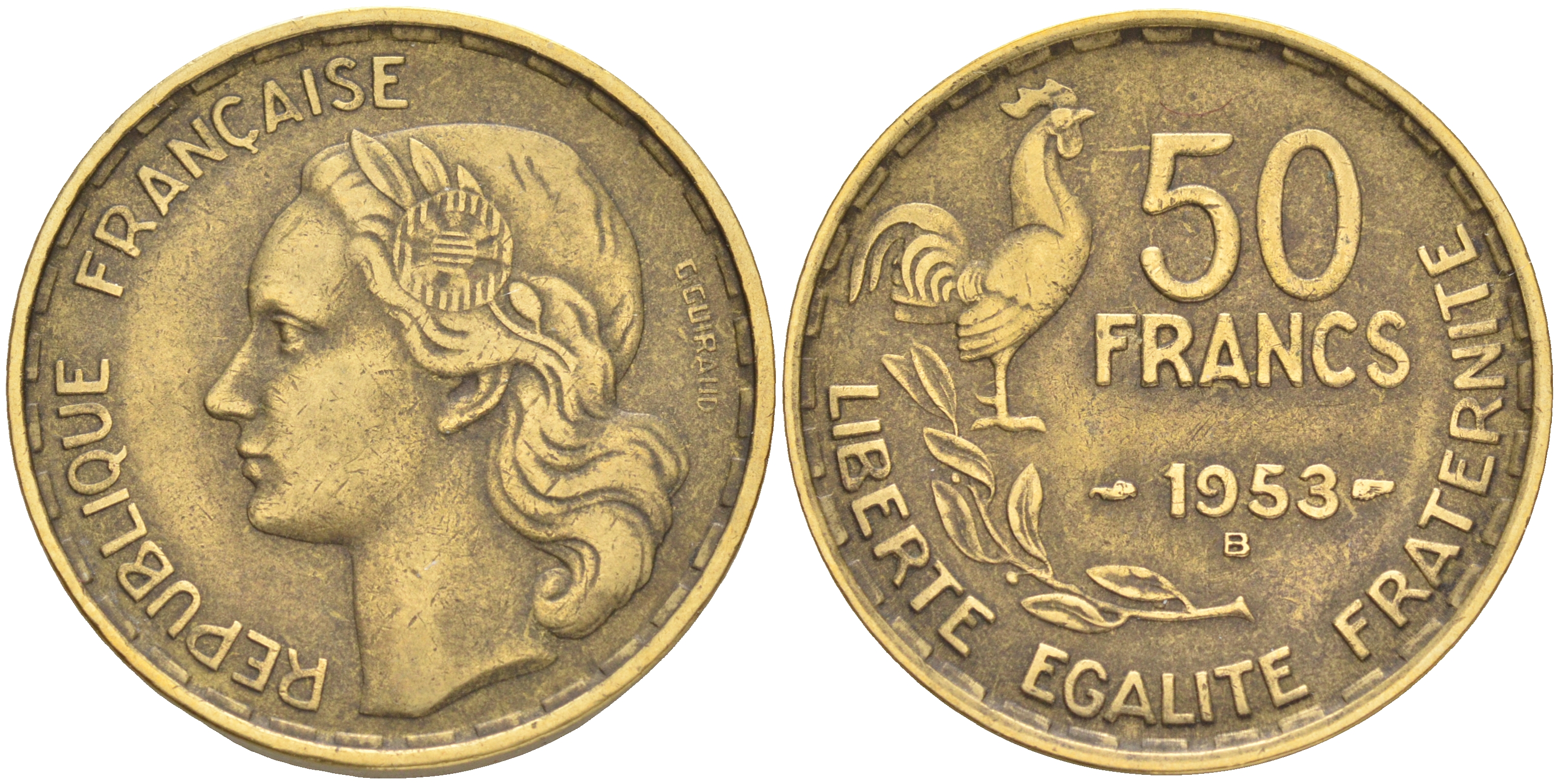 ФРАНЦИЯ 50 ФРАНКОВ 1953 В KM 918.2 алюминиевая бронза 189-331