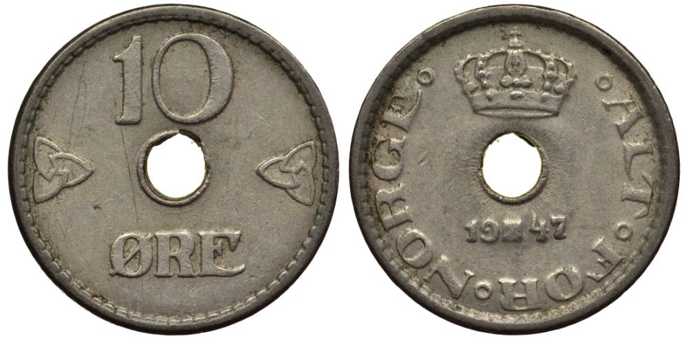 Норвегия 10 эре 1947 Хокон VII (1905-1957) KM 383 медно-никель 4549-956