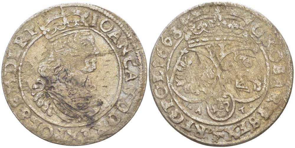 Польша 6 грошей (шостак) 1663 A-T, Ян II Казимир (1648-1668), вес 2,75 гр., легенда (IOAN CAS) KM 91, Kopinski 136.5b серебро 1517-941