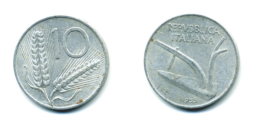 ИТАЛИЯ 10 ЛИР 1955 R, КОЛОСЬЯ, ПЛУГ KM 93 алюминий 23-1154