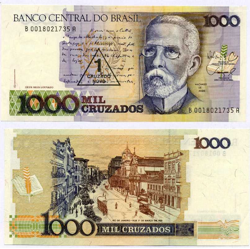 БРАЗИЛИЯ 1 КРУЗАДО 1989 ПОДПИСЬ 26, СЕРИЯ В0018, НАДПЕЧАТКА НА 1000 КРУЗАДО, МАЧАДО ДЕ АССИС Pick 216b бумага XF+ 7375-35-1-2