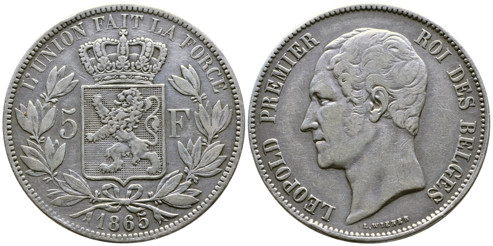 Бельгия 5 франков 1865 Леопольд I (1831-1865) KM 17 серебро 00-1067-6-12
