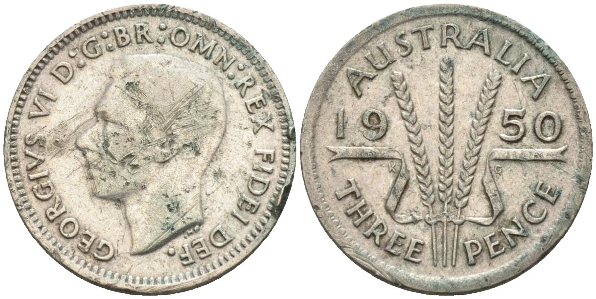 Австралия 3 пенса 1950 KG, Георг VI (1937-1952) KM 44 серебро 4585-265