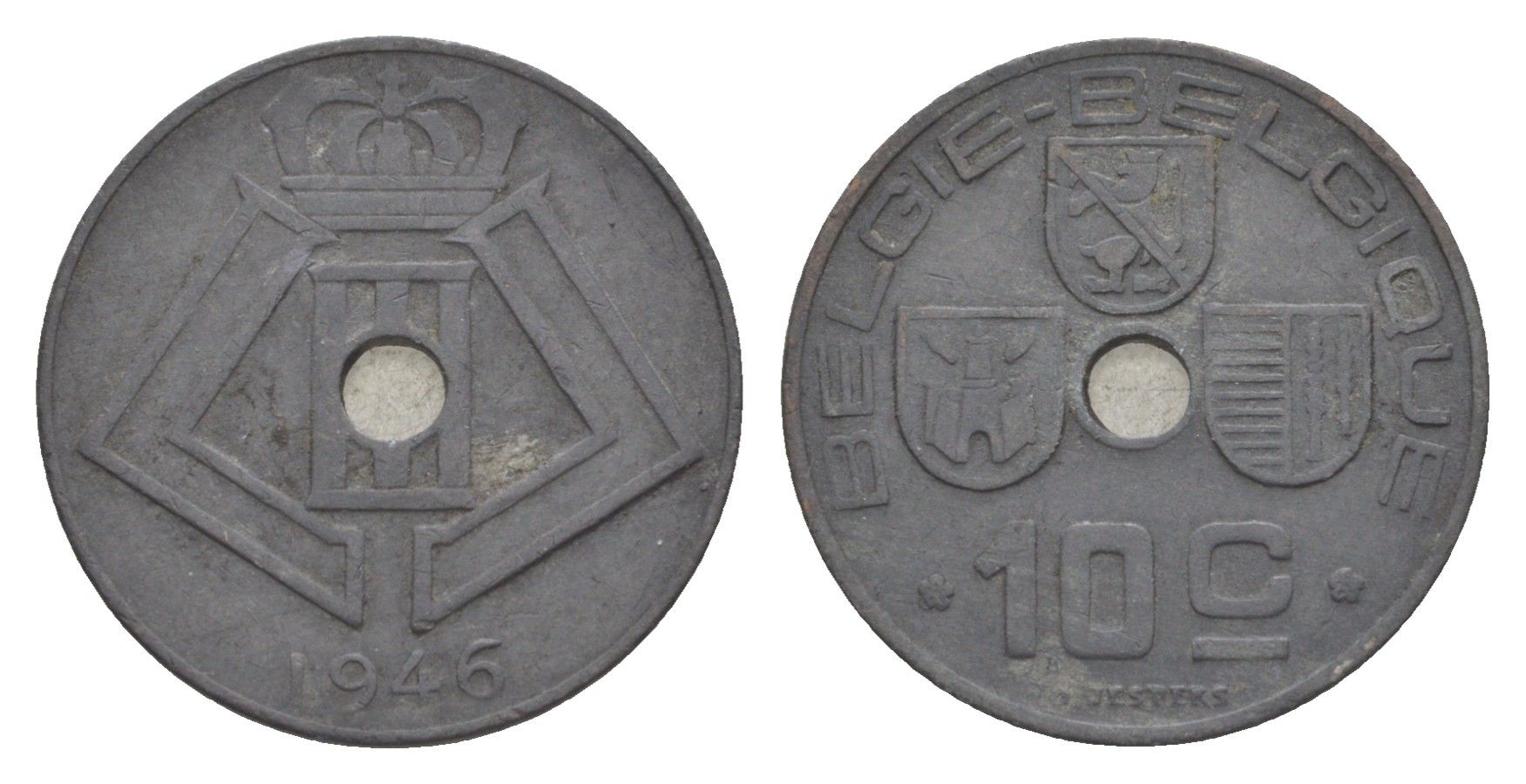 Бельгия 10 сантимов 1946 Belgie - Belgique, Леопольд III (1934-1947), германская оккупация, Вторая мировая война KM 126 цинк 4639-154