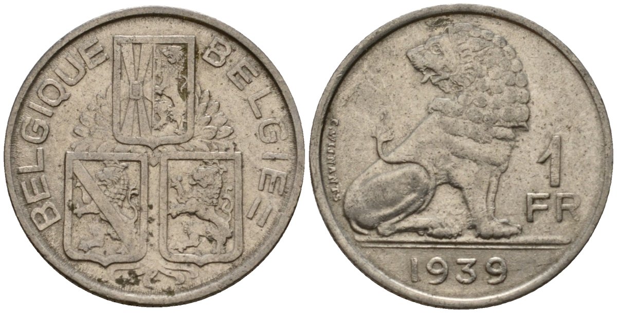 Бельгия 1 франк 1939 Belgique - Belgie KM 119 никель 4603-1236