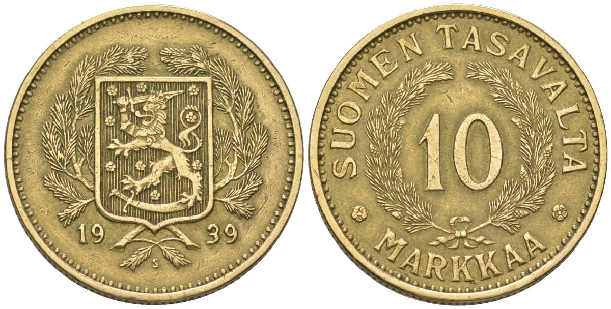 Финляндия 10 марок 1939 S, редкий год 133.000 KM 32A алюминиевая бронза 4586-645