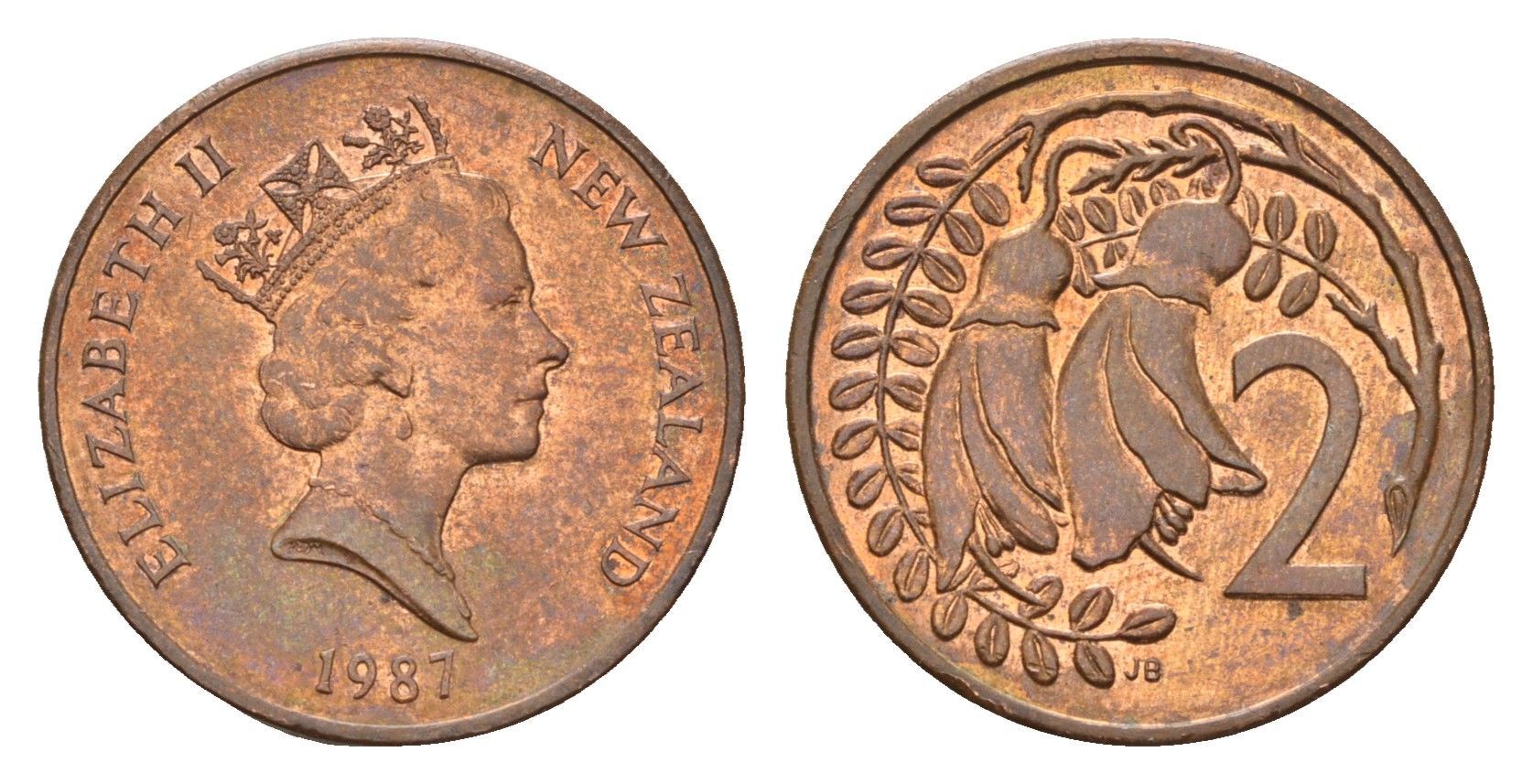 Новая Зеландия 2 цента 1987 Елизавета II (1952-2022), два цветка кохаи KM 59 бронза 4657-631