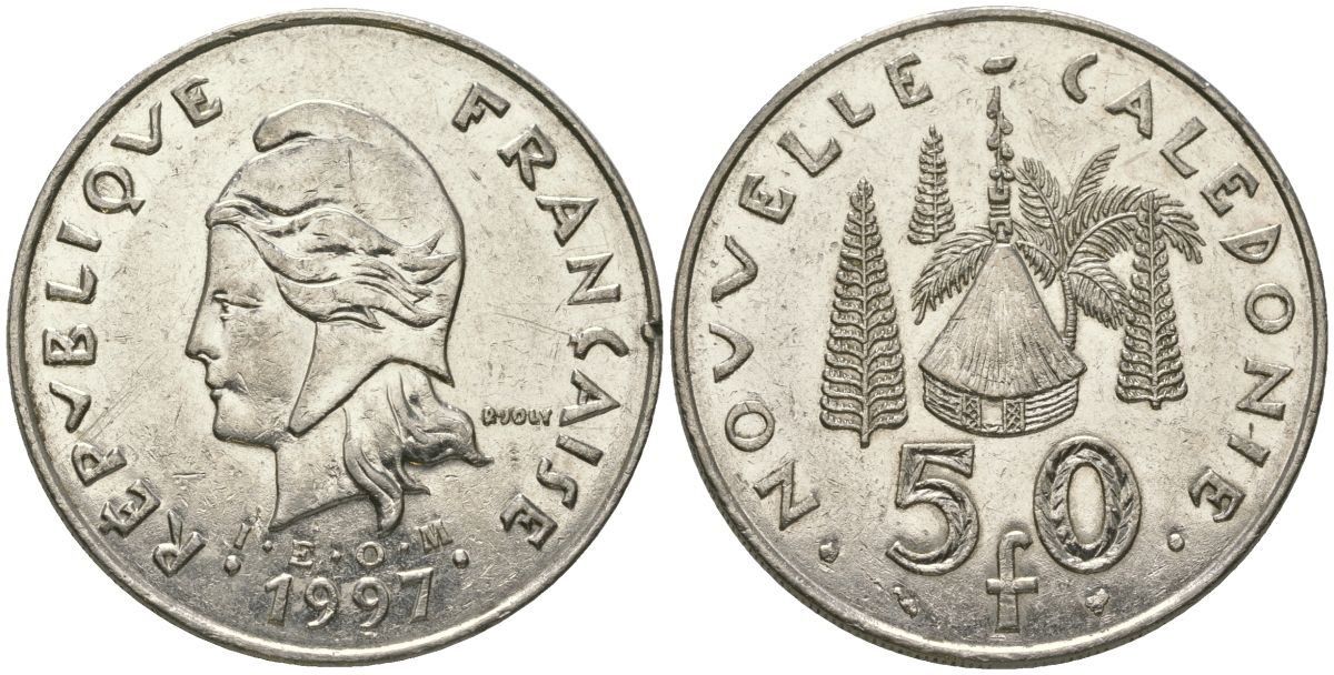 Французская Новая Каледония 50 франков 1997 хижина среди сосен и пальм, (IEOM) KM 13, Schoen 15, Lec 121 никель 111-615