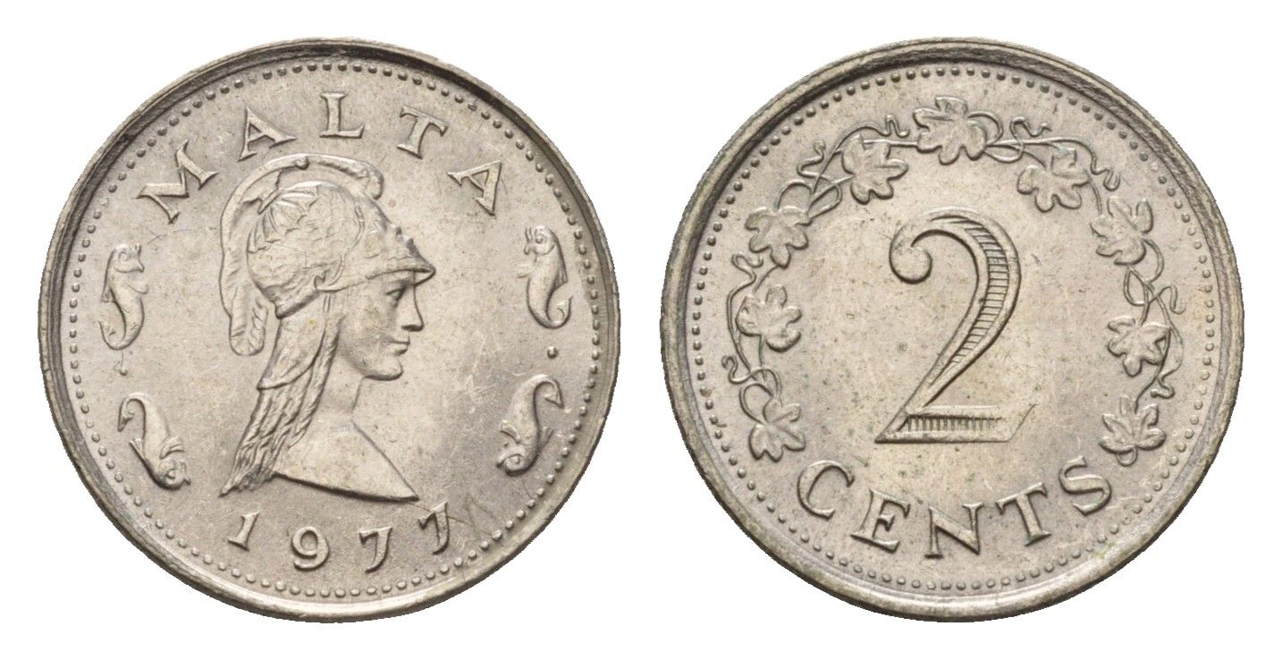 Мальта 2 цента 1977 Пентесилея, царица амазонок KM 9 медно-никель UNC 4516-215