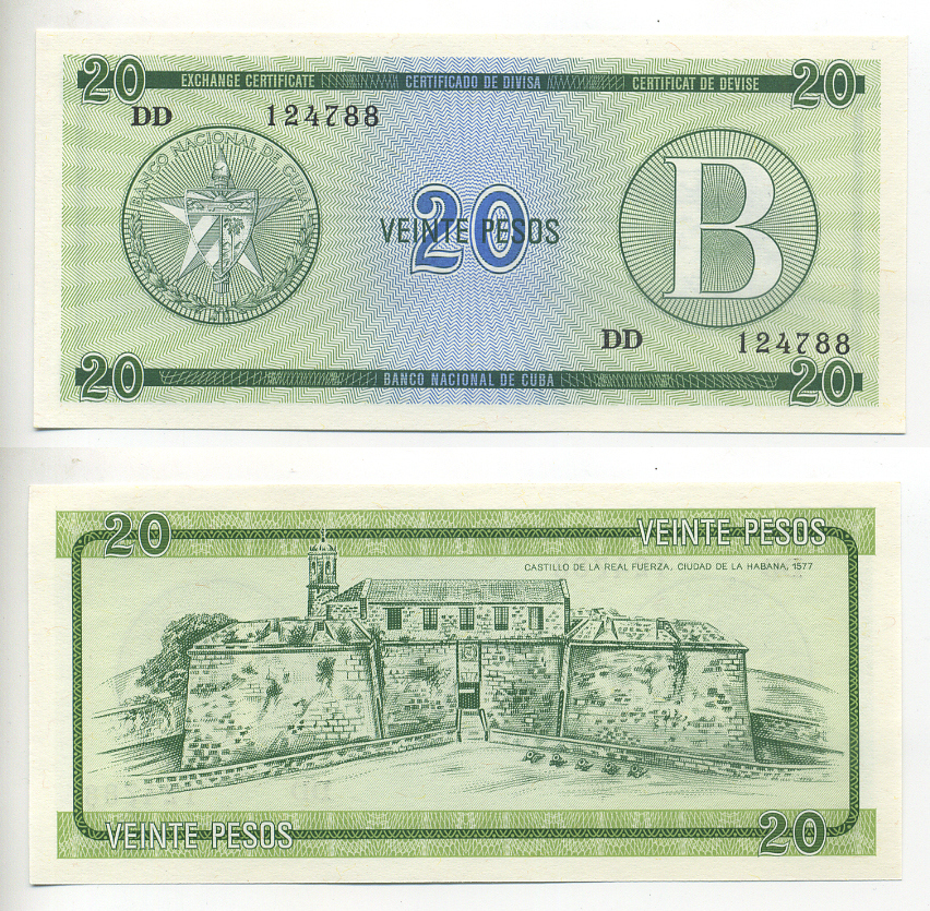 Куба, валютный сертификат 20 песо ND (1985) серия B, зеленая Pick FX 9 бумага UNC (пресс) 6287-13-2-1